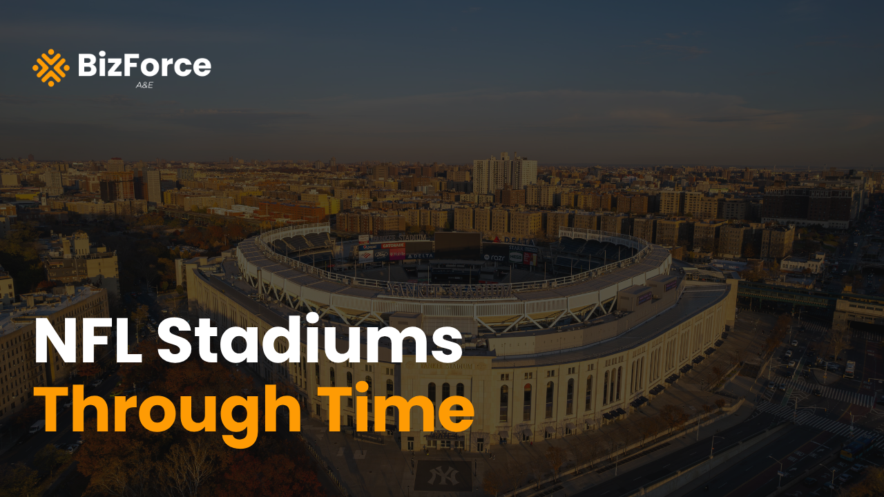 BizForce A&E blog thumbnail featuring the text "NFL Stadiums Through Time" overlaid on a dark-tinted aerial view of a historic sports stadium in an urban cityscape.