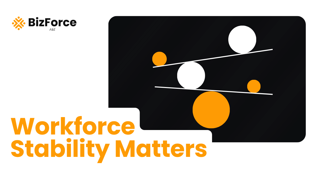 BizForce A&E blog thumbnail featuring the text "Workforce Stability Matters" alongside an abstract graphic of orange and white spheres balancing on scales.