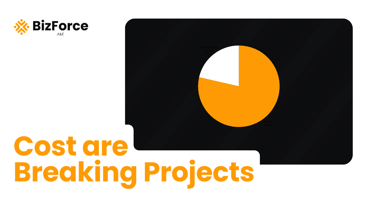 A professional marketing graphic with the orange and white BizForce A&E logo in the top left. The bottom left features large, bold text reading "Cost are Breaking Projects." The right side contains a dark panel housing a minimalist pie chart with a large orange segment and a smaller white segment, representing data distribution and budget allocations.