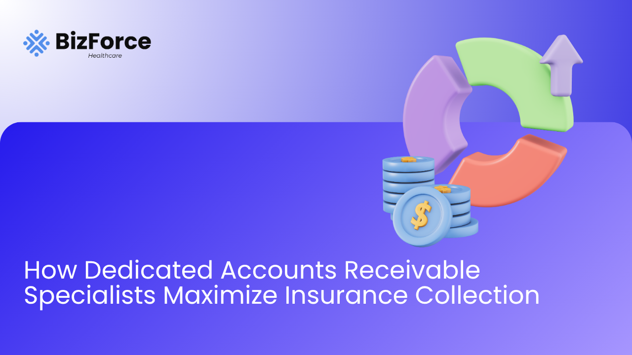 BizForce Healthcare blog thumbnail featuring the text "How Dedicated Accounts Receivable Specialists Maximize Insurance Collection" next to 3D graphics of dollar coins and a rising chart.