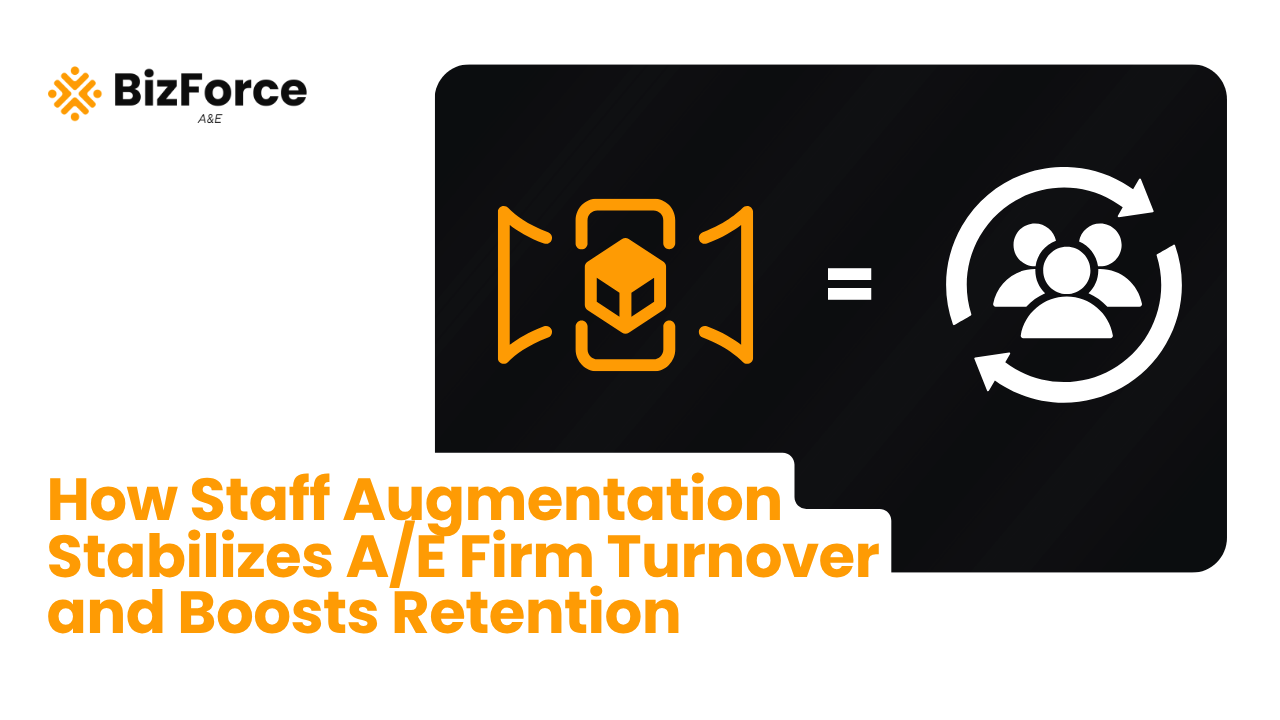Promotional thumbnail for BizForce A&E. Text reads: "How Staff Augmentation Stabilizes A/E Firm Turnover and Boosts Retention." Features a black graphic box containing an orange asset integration icon equated to a white team retention icon.