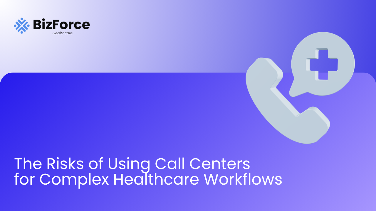 Blog thumbnail on a blue and purple gradient background featuring the BizForce Healthcare logo, a 3D telephone icon with a medical cross, and the text: "The Risks of Using Call Centers for Complex Healthcare Workflows.