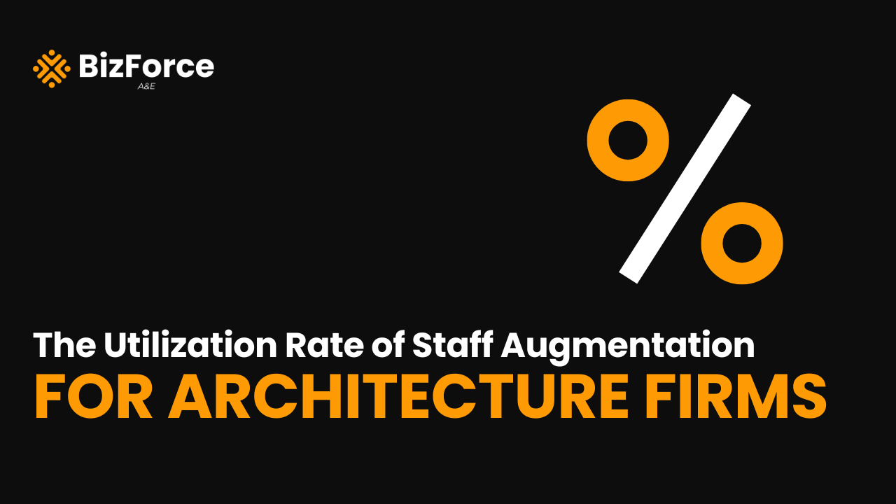 BizForce A&E graphic featuring a large orange percentage symbol and bold text that reads: "The Utilization Rate of Staff Augmentation FOR ARCHITECTURE FIRMS."