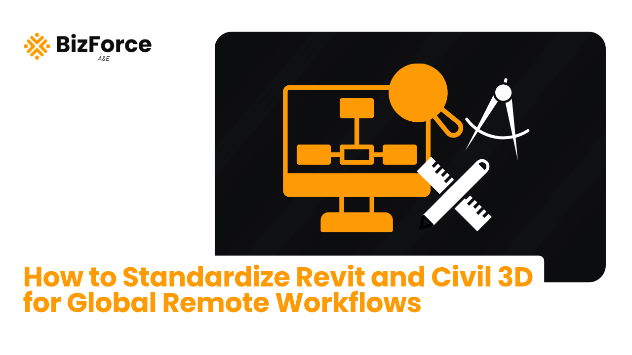 BizForce A&E graphic showing a monitor, ruler, and drawing tools with orange headline text: "How to Standardize Revit and Civil 3D for Global Remote Workflows."