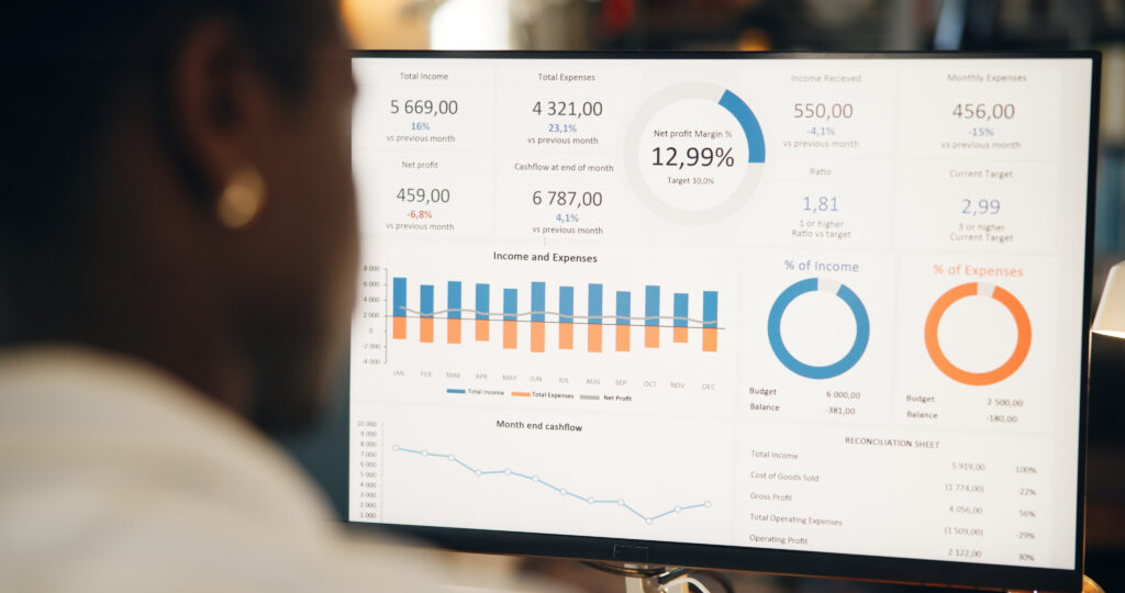 Healthcare analytics dashboard displaying real-time financial metrics, monthly cashflow, and care management performance indicators.