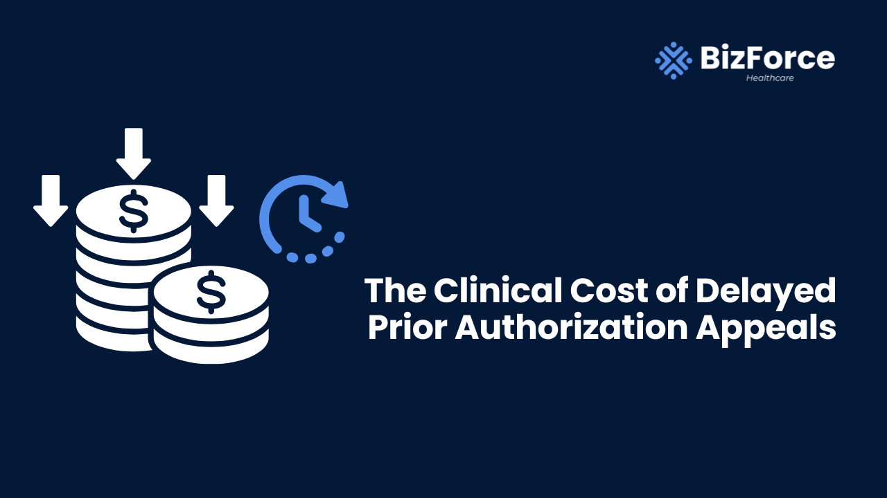 The Clinical Cost of Delayed Prior Authorization Appeals blog thumbnail by BizForce Healthcare featuring coin stacks with downward arrows and a clock icon