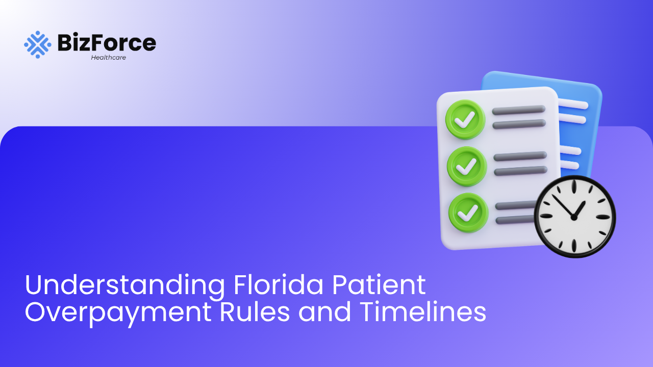 BizForce Healthcare graphic titled Understanding Florida Patient Overpayment Rules and Timelines, featuring a compliance checklist with checkmarks and an analog clock representing statutory refund deadlines.
