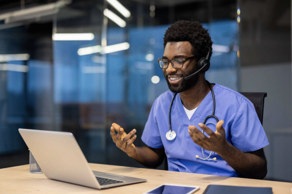 Physician conducting a virtual peer-to-peer review for specialty insurance prior authorization