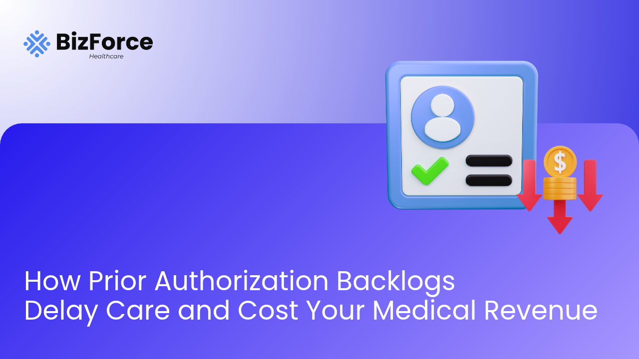 BizForce Healthcare thumbnail titled “How Prior Authorization Backlogs Delay Care and Cost Your Medical Revenue,” showing a patient approval card and falling coins